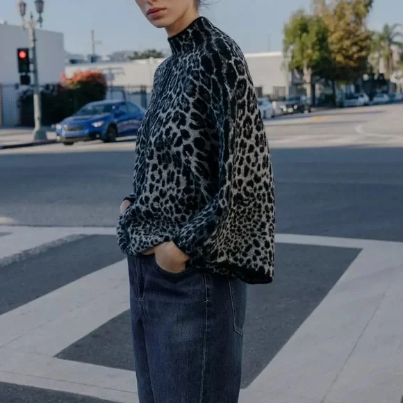 Zara NWT gray black snake skin print 3/4 sleeve wide sleeve knit sweater jumper - Picture 7 of 14